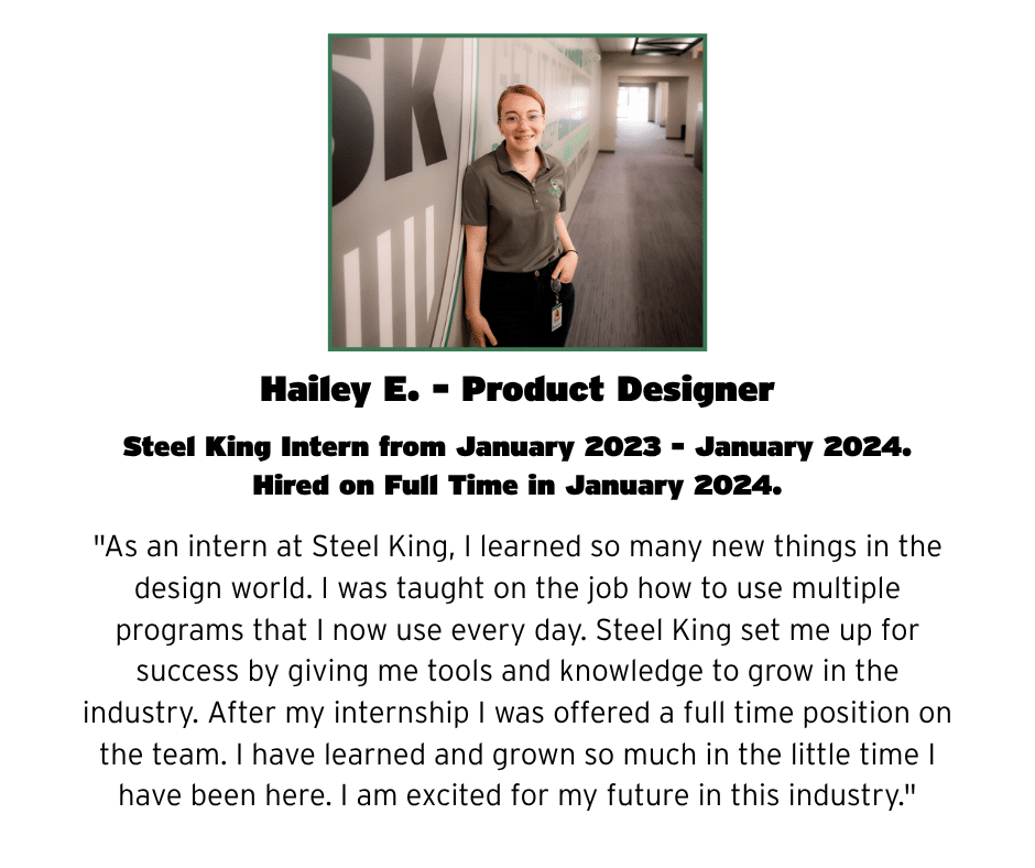 Hailey Intern Portrait of Hailey E., Product Designer, smiling in a hallway with a name badge and green border around the photo (profile header).