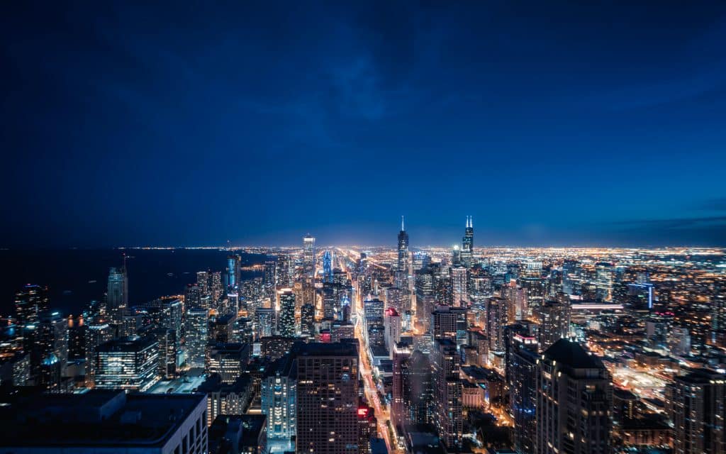 Aerial View Of Chicago Cityscape Skyline At Night Steel King