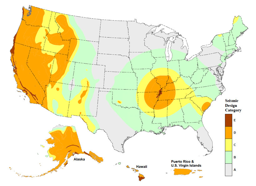 seismic Map of the United States showing seismic design categories (A–E) by color, with highest risk in a central ring; legend on the right.